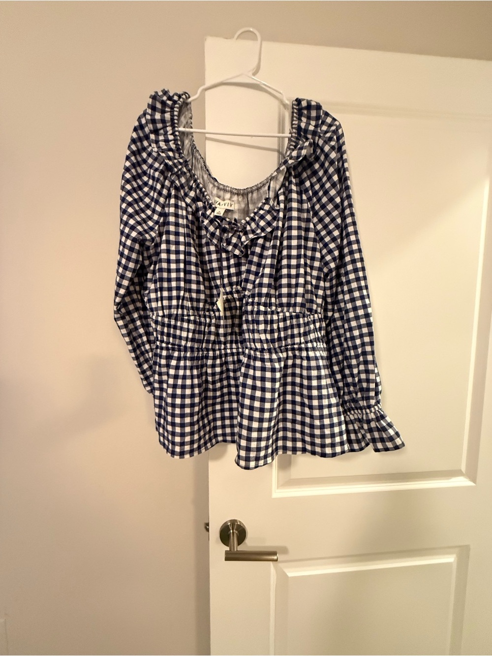 Gingham Peplum Blouse with Ruffle Neck – Navy and White